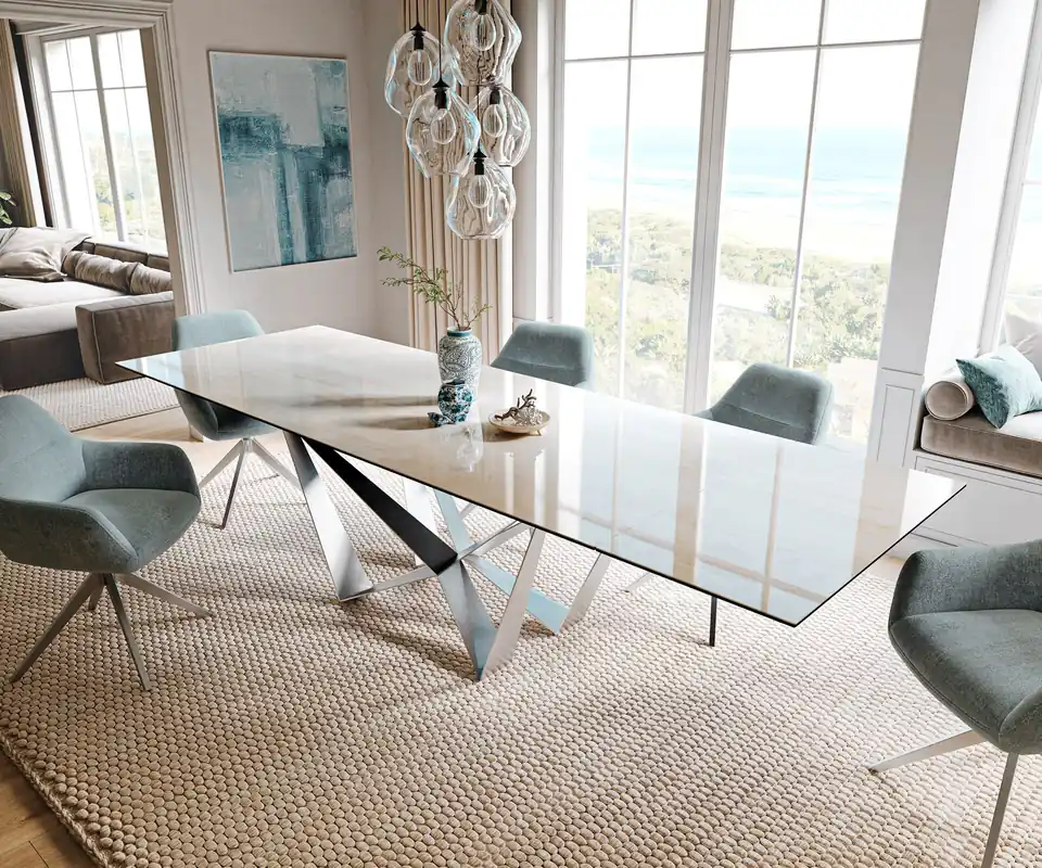 Esstisch Edge 200-300x100 cm Keramik Onyx Champagne Spider Flachstahl Edelstahl ausziehbar Direktkauf