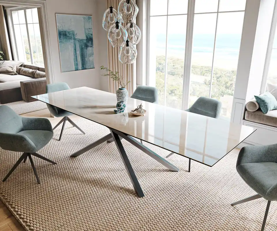 Esstisch Edge 200-300x100 cm Keramik Onyx Champagne Kreuzgestell Rechteck Edelstahl Graphit ausziehbar Nur Für Kurze Zeit