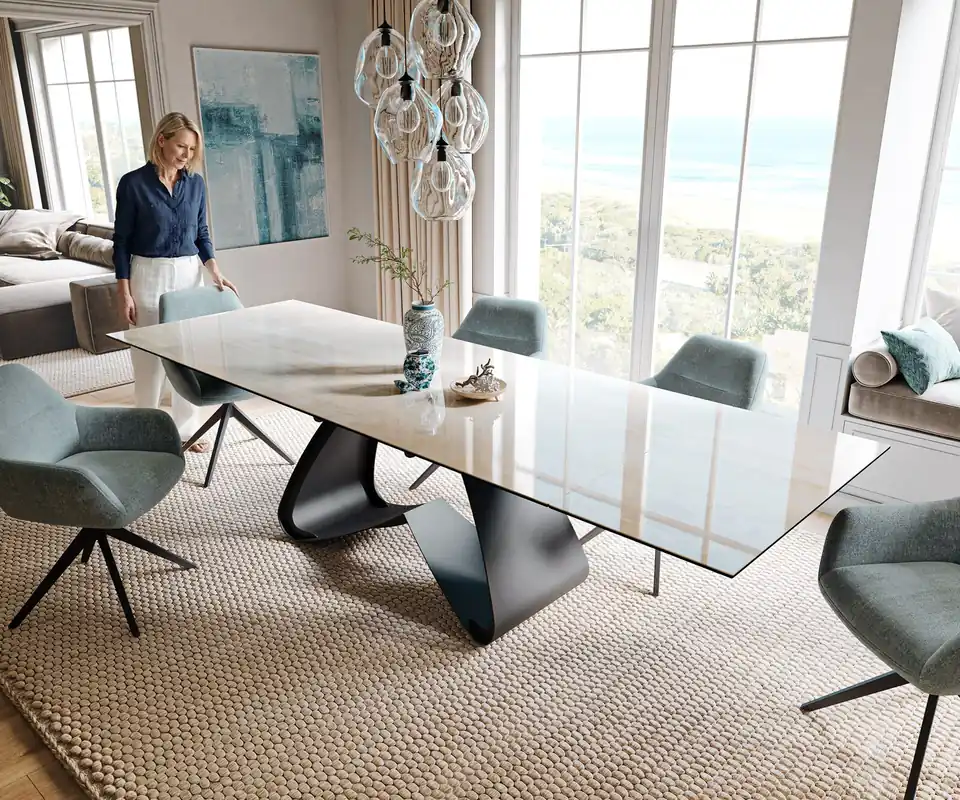 Neue Ware Esstisch Edge 200-300x100 cm Keramik Onyx Champagne W-Gestell Metall Schwarz ausziehbar