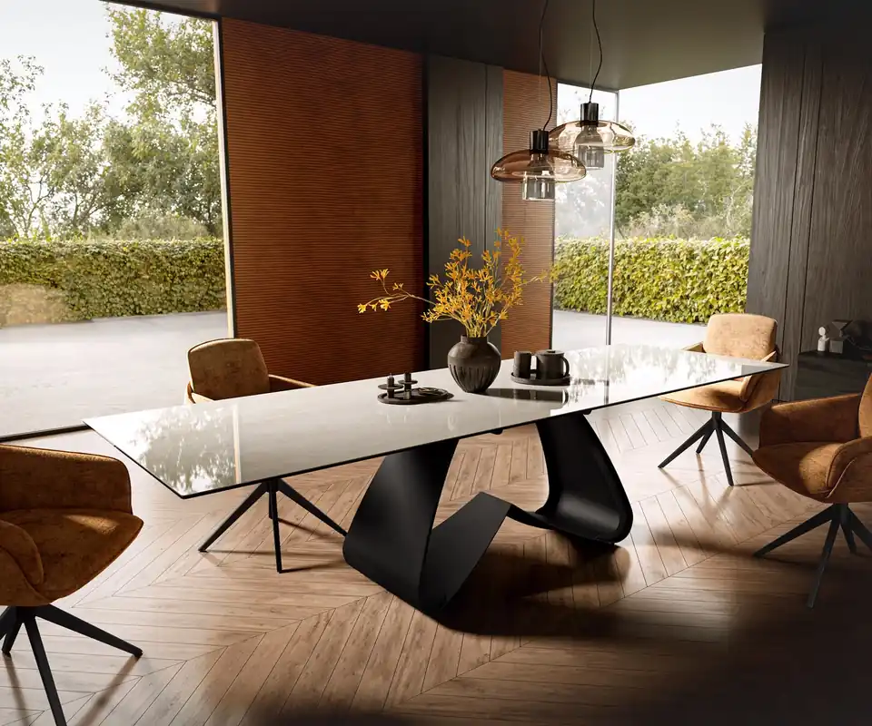 Günstig Esstisch Edge 300x100 cm Keramik Onyx Champagne W-Gestell Metall Schwarz