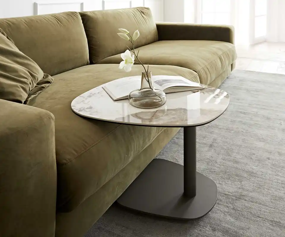 Beistelltisch Elenya 60x60 cm Keramik Minas Melange Weiß-Beige Gestell Effektfinish Titan Neue Ware