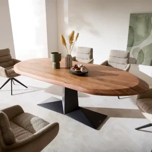 Esstisch Aithon 240x105 cm Akazie Braun Metallgestell Schwarz Oval Zertifiziert