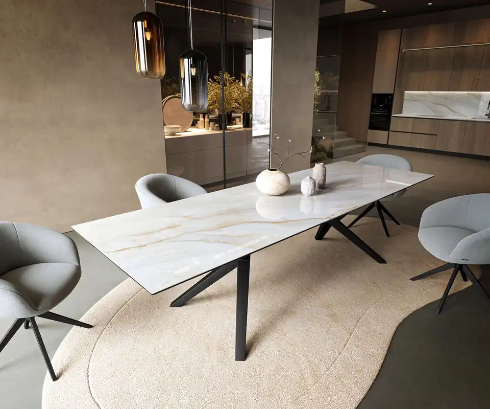 Ausverkauf Esstisch Edge 300x100 cm Keramik Onyx Pearl Zenthara kantig Metall Schwarz