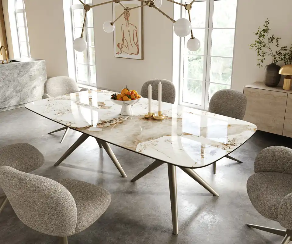 Geprüft Esstisch Edge Boot 240x120 cm Keramik Minas Melange Weiß-Beige Estelar rund Metall Effektfinish Titan