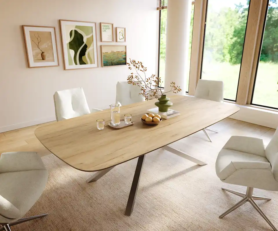Esstisch Edge Boot 240x120 cm Keramik Laminam® Sabbia Eichefarbig Kreuzgestell Rechteck Edelstahl Neue Ware