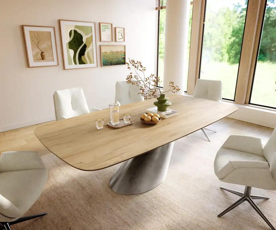 Esstisch Edge Boot 240x120 cm Keramik Laminam® Sabbia Eichefarbig Cono Metallic Silber Abverkauf