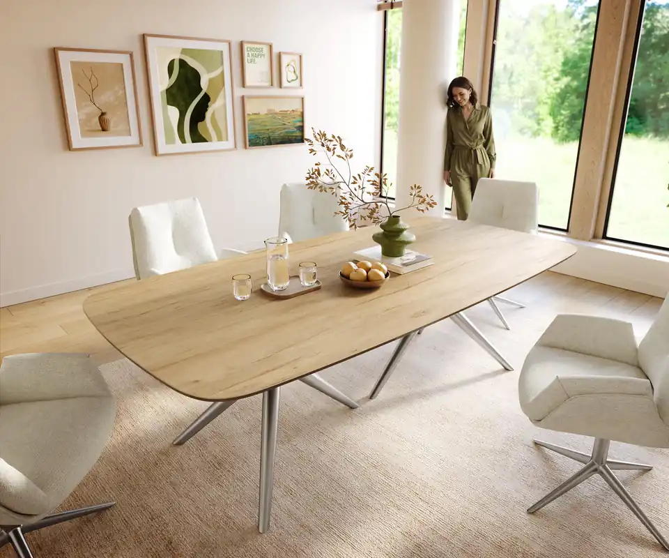 Esstisch Edge Boot 240x120 cm Keramik Laminam® Sabbia Eichefarbig Estelar rund Edelstahl Echt