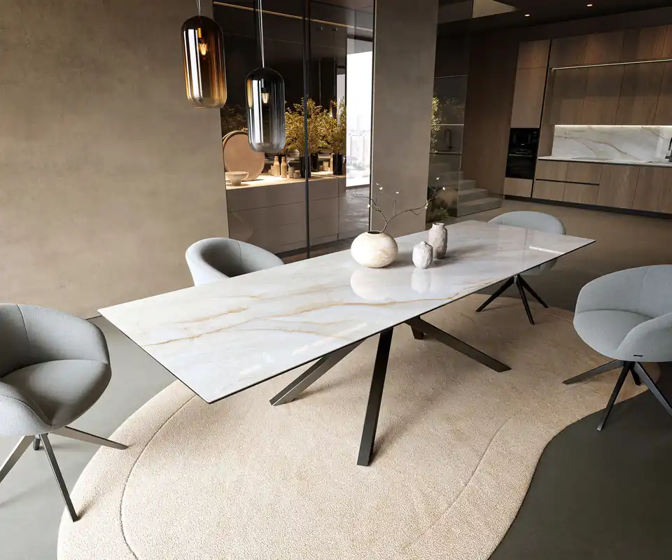 Esstisch Edge 300x100 cm Keramik Onyx Pearl Kreuzgestell Rechteck Edelstahl Graphit Sofort Bestellen
