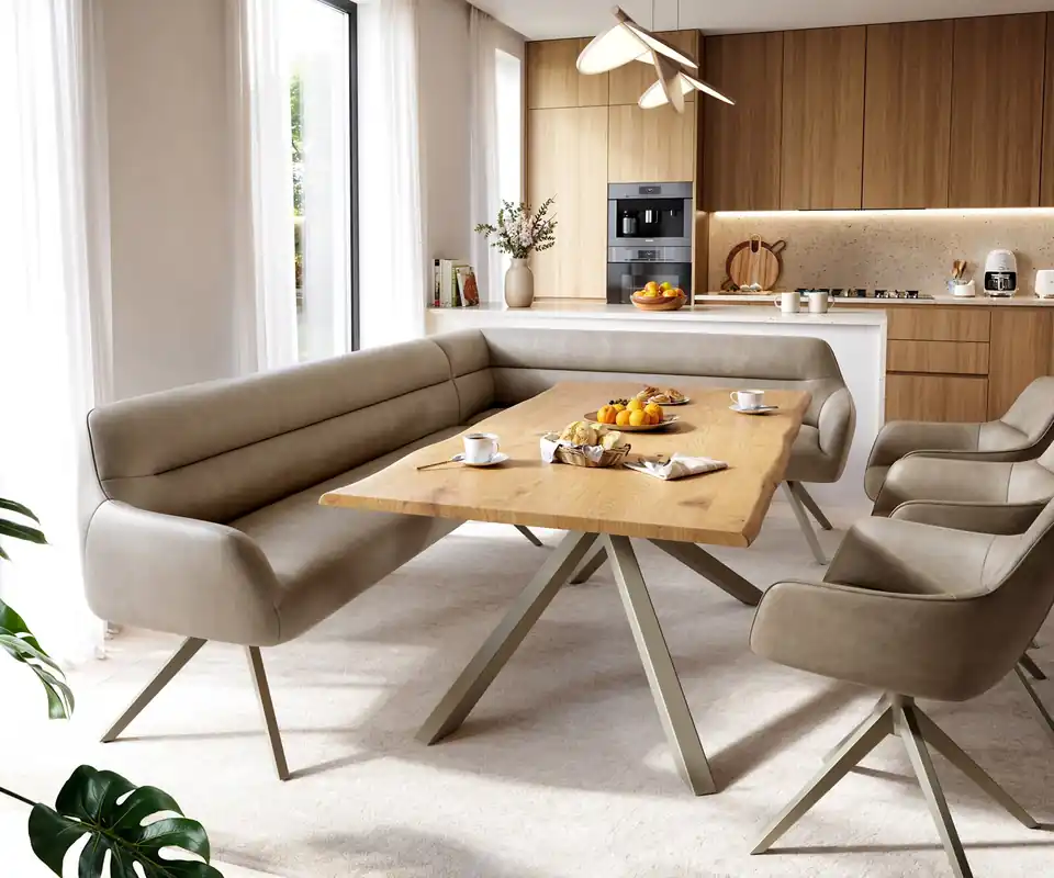 Expressversand Esszimmerbank Taya-Flex 285x190 cm Mikrofaser Beige Vintage Kreuzgestell kantig Effektfinish Titan Taschenfederkern Links