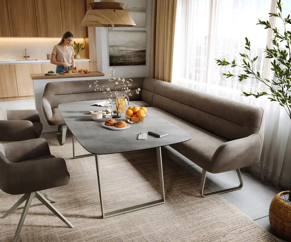 Meistverkauft Esszimmerbank Taya-Flex 285x190 cm Mikrofaser Taupe Vintage Kufengestell flach Effektfinish Titan Taschenfederkern Rechts