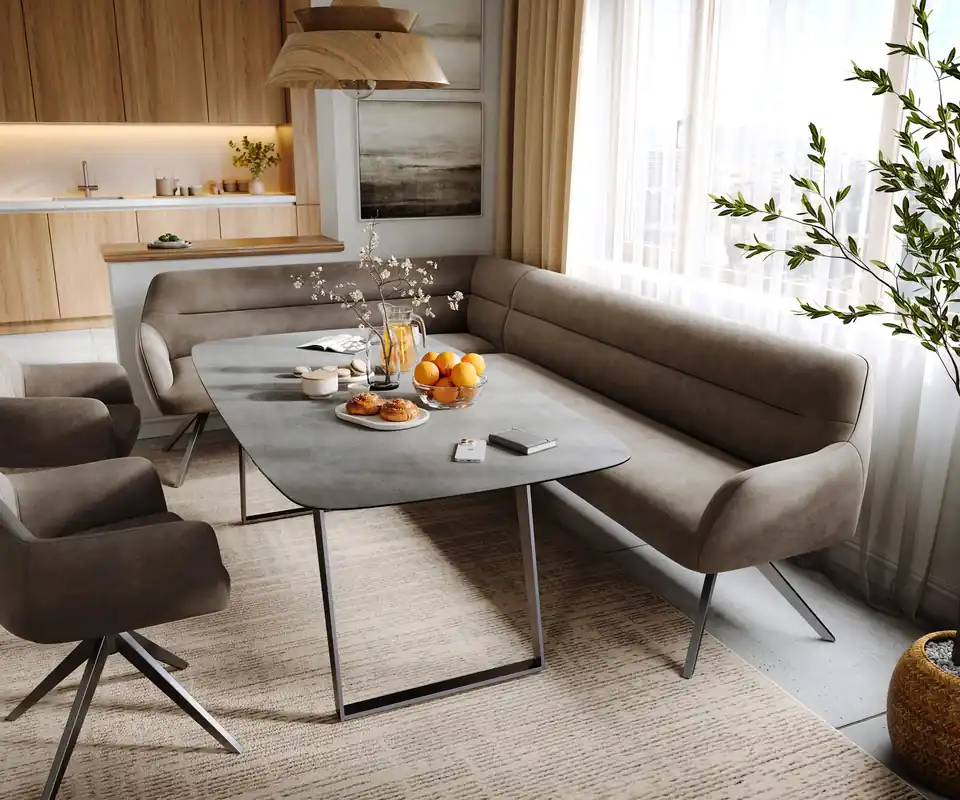 Saisonangebot Esszimmerbank Taya-Flex 285x190 cm Mikrofaser Taupe Vintage Kreuzgestell kantig Graphit Taschenfederkern Rechts
