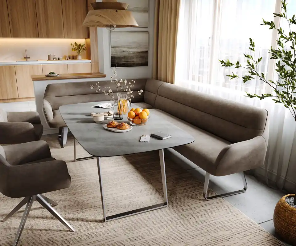 Esszimmerbank Taya-Flex 285x190 cm Mikrofaser Taupe Vintage Kufengestell flach Edelstahl Taschenfederkern Rechts Angebot
