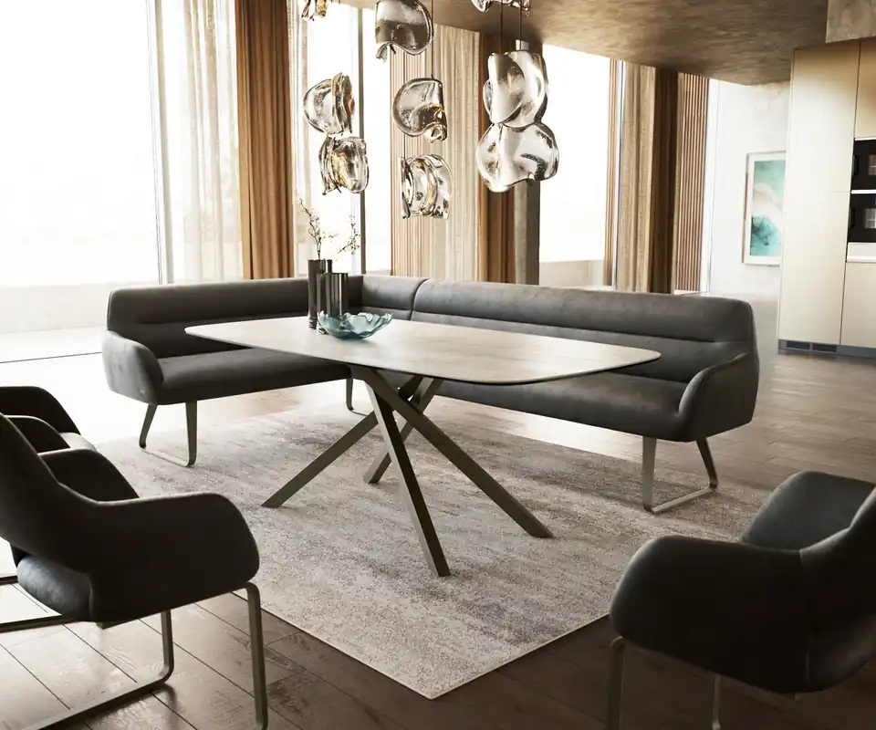 Nur Heute Esszimmerbank Taya-Flex 285x190 cm Mikrofaser Anthrazit Vintage Kufengestell flach Effektfinish Titan Taschenfederkern Rechts