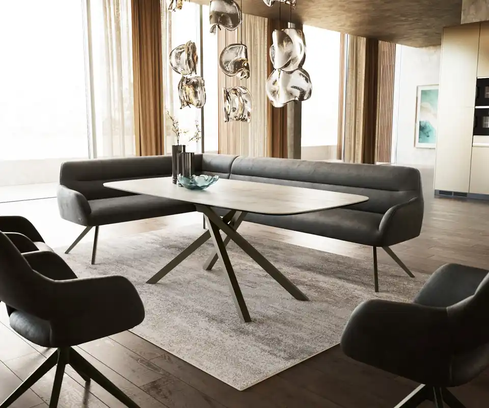 Mega-Angebot Esszimmerbank Taya-Flex 285x190 cm Mikrofaser Anthrazit Vintage Kreuzgestell kantig Effektfinish Titan Taschenfederkern Rechts