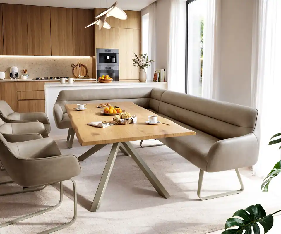 Esszimmerbank Taya-Flex 285x190 cm Mikrofaser Beige Vintage Kufengestell flach Effektfinish Titan Taschenfederkern Rechts Begrenztes Angebot