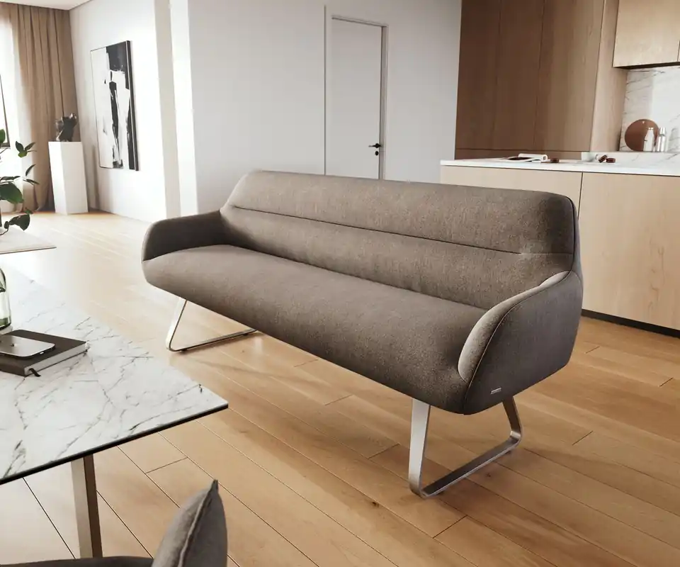 Esszimmerbank Taya-Flex 200 cm Strukturstoff Soft Taupe Kufengestell flach Edelstahl Taschenfederkern Günstig