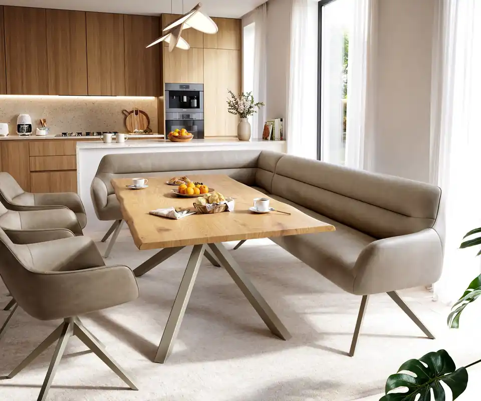Esszimmerbank Taya-Flex 285x190 cm Mikrofaser Beige Vintage Kreuzgestell kantig Effektfinish Titan Taschenfederkern Rechts Finale Aktion