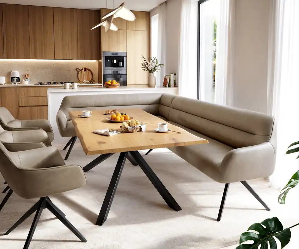 Echt Esszimmerbank Taya-Flex 285x190 cm Mikrofaser Beige Vintage Kreuzgestell kantig Schwarz Taschenfederkern Rechts
