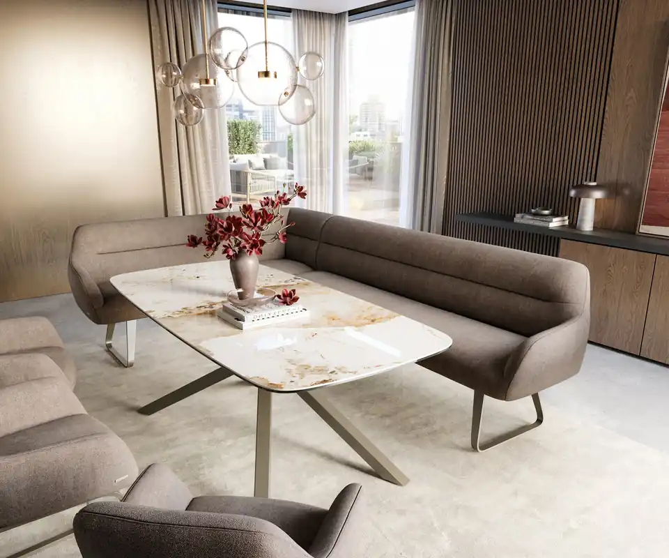 Aktuell Esszimmerbank Taya-Flex 285x190 cm Strukturstoff Soft Taupe Kufengestell flach Effektfinish Titan Taschenfederkern Rechts