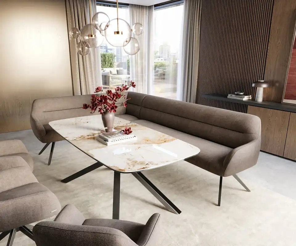 Esszimmerbank Taya-Flex 285x190 cm Strukturstoff Soft Taupe Kreuzgestell kantig Graphit Taschenfederkern Rechts Günstig