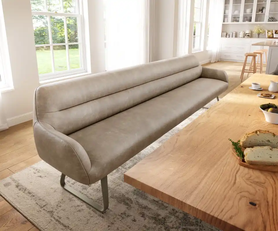 Super-Preis Esszimmerbank Taya-Flex 300 cm Mikrofaser Beige Vintage Kufengestell flach Effektfinish Titan Taschenfederkern