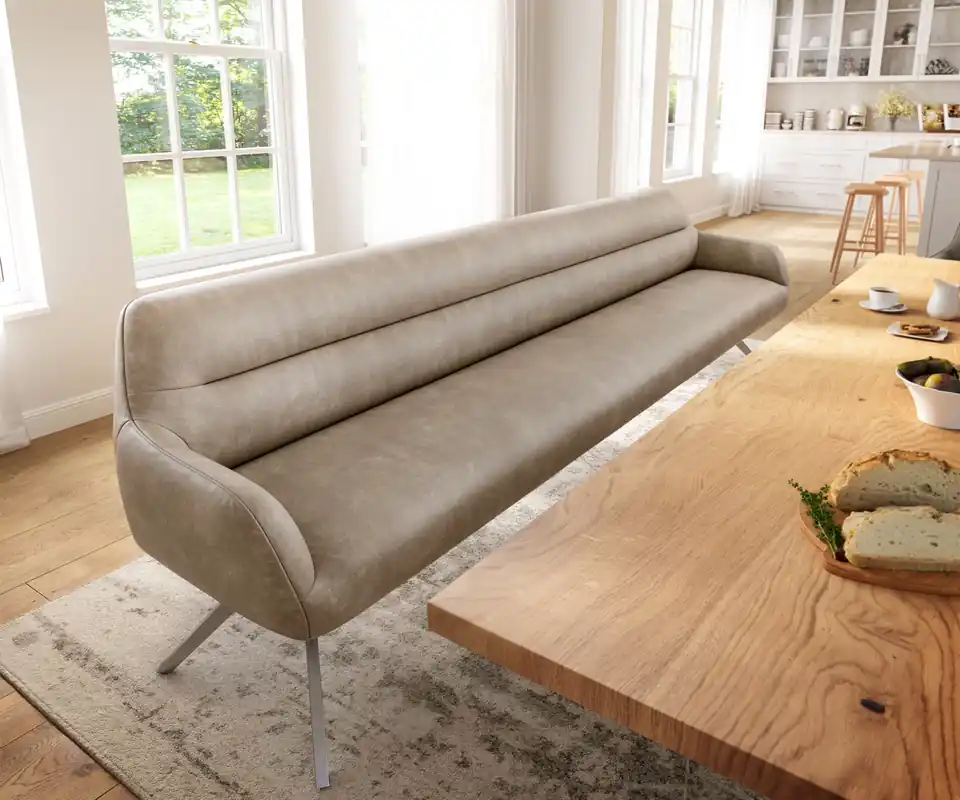 Esszimmerbank Taya-Flex 300 cm Mikrofaser Beige Vintage Kreuzgestell kantig Edelstahl Taschenfederkern Rabatt