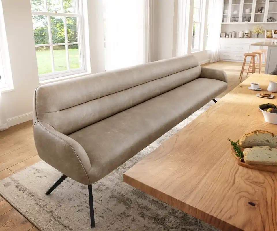 Esszimmerbank Taya-Flex 300 cm Mikrofaser Beige Vintage Kreuzgestell kantig Schwarz Taschenfederkern Nur Heute