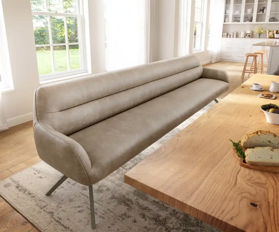 Billig Esszimmerbank Taya-Flex 300 cm Mikrofaser Beige Vintage Kreuzgestell kantig Effektfinish Titan Taschenfederkern