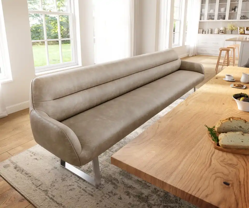 Esszimmerbank Taya-Flex 300 cm Mikrofaser Beige Vintage Kufengestell kantig Edelstahl Taschenfederkern Neue Ware