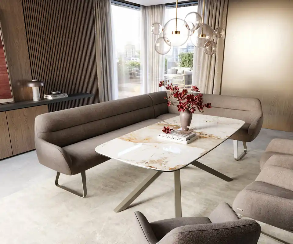Kracherpreis Esszimmerbank Taya-Flex 285x190 cm Strukturstoff Soft Taupe Kufengestell flach Effektfinish Titan Taschenfederkern Links