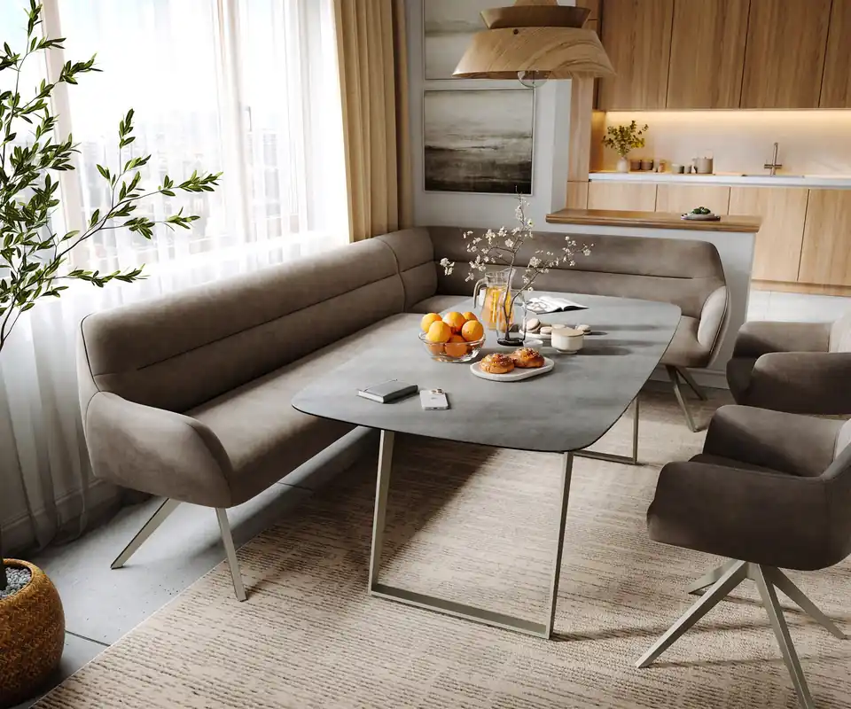 Heißes Angebot Esszimmerbank Taya-Flex 285x190 cm Mikrofaser Taupe Vintage Kreuzgestell kantig Effektfinish Titan Taschenfederkern Links