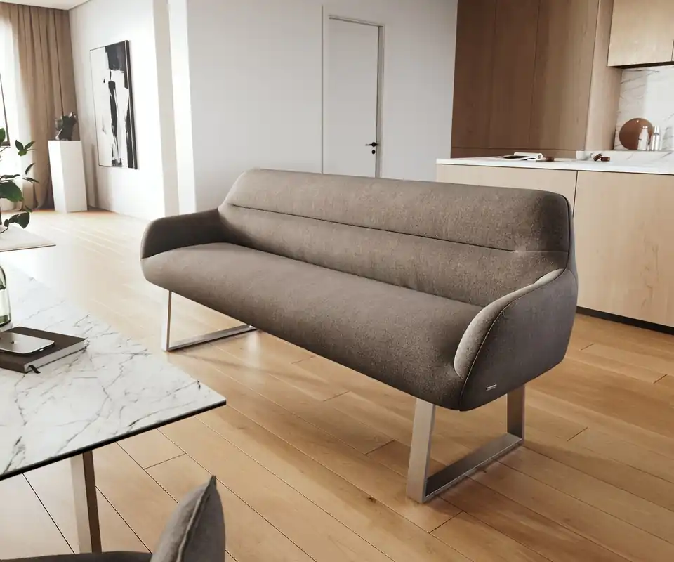 Esszimmerbank Taya-Flex 200 cm Strukturstoff Soft Taupe Kufengestell kantig Edelstahl Taschenfederkern Preiswert