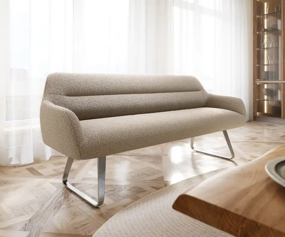 Esszimmerbank Taya-Flex 200 cm Bouclé Schlamm Kufengestell flach Edelstahl Taschenfederkern Wochenendangebot