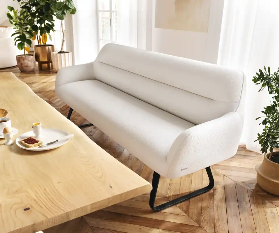 Esszimmerbank Taya-Flex 200 cm Bouclé Creme-Weiß Kufengestell flach Schwarz Taschenfederkern Echt