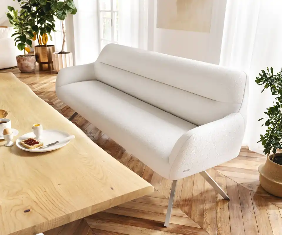 Nur Für Kurze Zeit Esszimmerbank Taya-Flex 200 cm Bouclé Creme-Weiß Kreuzgestell kantig Edelstahl Taschenfederkern