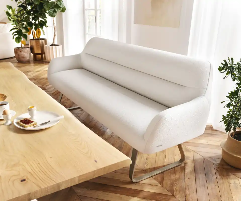 Billig Esszimmerbank Taya-Flex 200 cm Bouclé Creme-Weiß Kufengestell flach Effektfinish Titan Taschenfederkern
