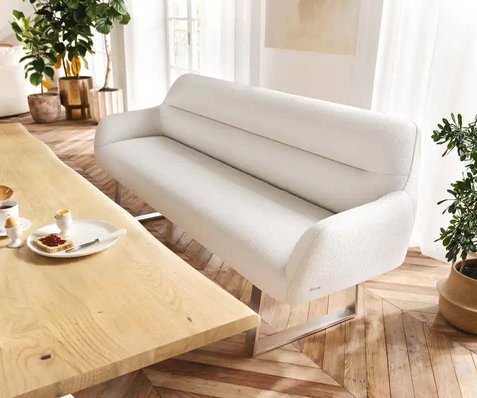 Beliebt Esszimmerbank Taya-Flex 200 cm Bouclé Creme-Weiß Kufengestell kantig Edelstahl Taschenfederkern