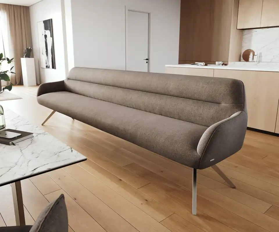 Sale Esszimmerbank Taya-Flex 300 cm Strukturstoff Soft Taupe Kreuzgestell kantig Edelstahl Taschenfederkern