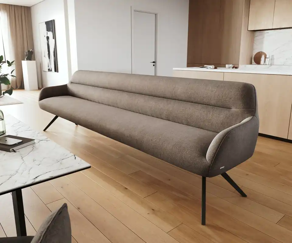 Neu Esszimmerbank Taya-Flex 300 cm Strukturstoff Soft Taupe Kreuzgestell kantig Schwarz Taschenfederkern