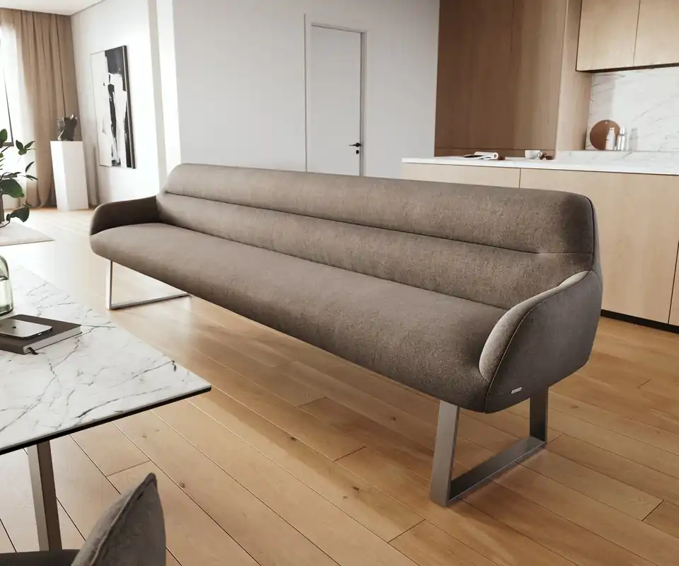 Sonderangebot Esszimmerbank Taya-Flex 300 cm Strukturstoff Soft Taupe Kufengestell kantig Edelstahl Taschenfederkern