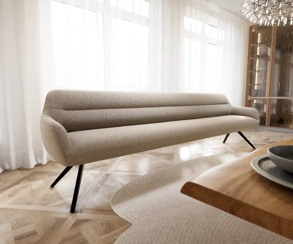 Kracherpreis Esszimmerbank Taya-Flex 300 cm Bouclé Schlamm Kreuzgestell kantig Schwarz Taschenfederkern