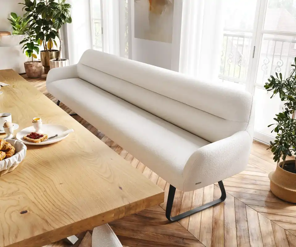 Direkt Vom Hersteller Esszimmerbank Taya-Flex 300 cm Bouclé Creme-Weiß Kufengestell flach Schwarz Taschenfederkern