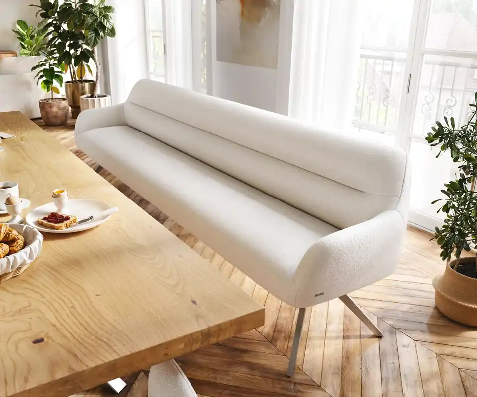 Esszimmerbank Taya-Flex 300 cm Bouclé Creme-Weiß Kreuzgestell kantig Edelstahl Taschenfederkern Günstig