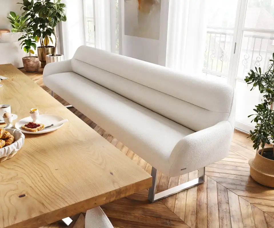Esszimmerbank Taya-Flex 300 cm Bouclé Creme-Weiß Kufengestell kantig Edelstahl Taschenfederkern Rabatt