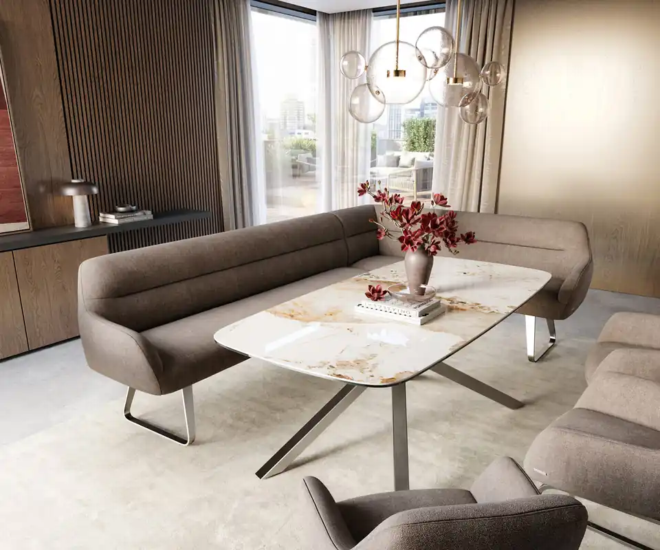 Finale Aktion Esszimmerbank Taya-Flex 285x190 cm Strukturstoff Soft Taupe Kufengestell flach Edelstahl Taschenfederkern Links