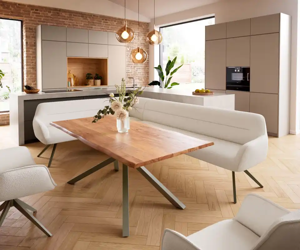 Esszimmerbank Taya-Flex 285x190 cm Bouclé Creme-Weiß Kreuzgestell kantig Effektfinish Titan Taschenfederkern Rechts Garantierte Lieferung