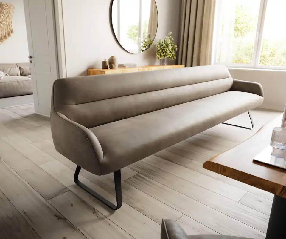 Esszimmerbank Taya-Flex 300 cm Mikrofaser Taupe Vintage Kufengestell flach Schwarz Taschenfederkern Garantierte Lieferung
