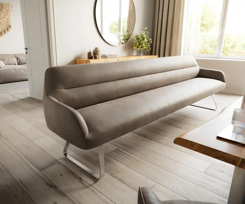 Esszimmerbank Taya-Flex 300 cm Mikrofaser Taupe Vintage Kufengestell flach Edelstahl Taschenfederkern Garantierte Lieferung