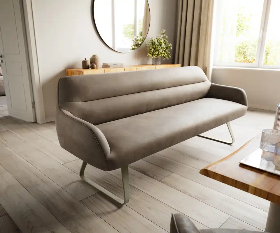 Esszimmerbank Taya-Flex 200 cm Mikrofaser Taupe Vintage Kufengestell flach Effektfinish Titan Taschenfederkern Knallerangebot