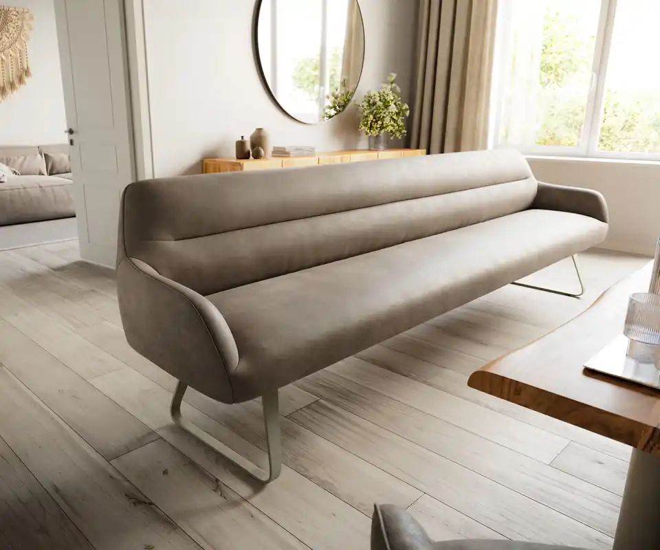 Preisknaller Esszimmerbank Taya-Flex 300 cm Mikrofaser Taupe Vintage Kufengestell flach Effektfinish Titan Taschenfederkern